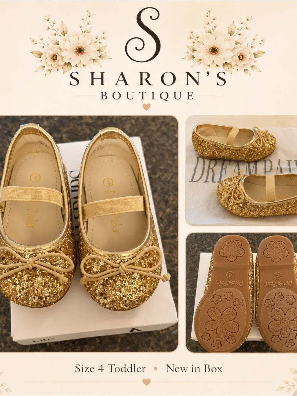 Dream Pairs Girls Size 4 Gold Glitter Dress Shoes / Ballet Flats – New in Box ✨